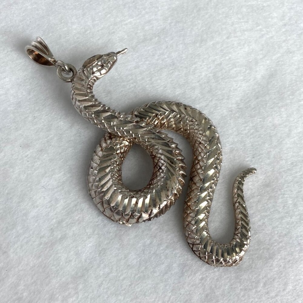 VTG Sterling Silver “1 Of A Kind” Large Diamond Cut Snake Serpent Pendant 29g - Picture 7 of 16